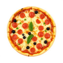A delicious pizza with an assortment of toppings, including pepperoni, bell peppers, and olives, presented on a white background
