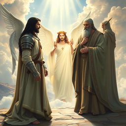 In a divine setting, Laertes, a tall and strong Danish knight with long black hair and wearing ornate medieval armor, kneels humbly before Jesus, who is depicted with a serene expression and a gentle aura