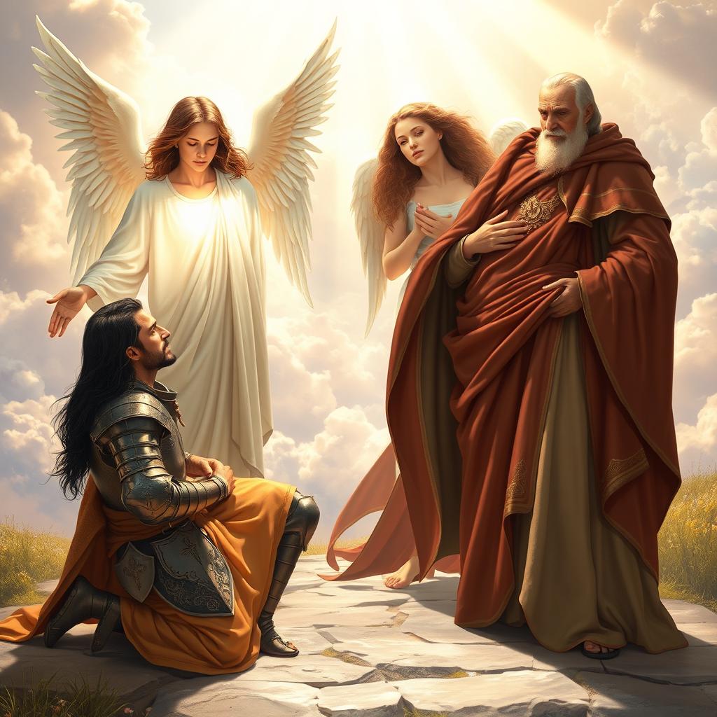 In a divine setting, Laertes, a tall and strong Danish knight with long black hair and wearing ornate medieval armor, kneels humbly before Jesus, who is depicted with a serene expression and a gentle aura