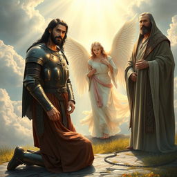 In a divine setting, Laertes, a tall and strong Danish knight with long black hair and wearing ornate medieval armor, kneels humbly before Jesus, who is depicted with a serene expression and a gentle aura