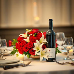 A beautifully arranged table setting featuring a romantic dinner for two