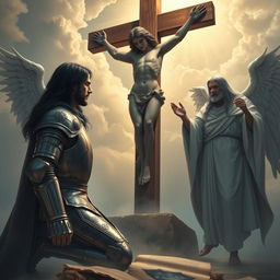 A dramatic scene depicting Laertes, a Danish knight with long black hair, kneeling before Jesus Christ and a large wooden cross