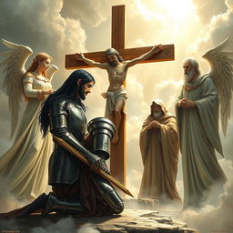 A dramatic scene depicting Laertes, a Danish knight with long black hair, kneeling before Jesus Christ and a large wooden cross