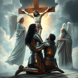 A dramatic scene depicting Laertes, a Danish knight with long black hair, kneeling before Jesus Christ and a large wooden cross