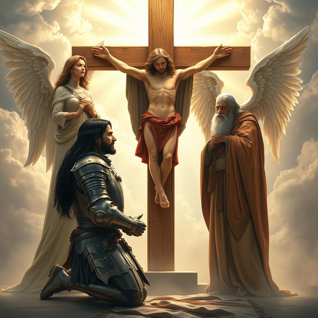 A dramatic scene depicting Laertes, a Danish knight with long black hair, kneeling before Jesus Christ and a large wooden cross