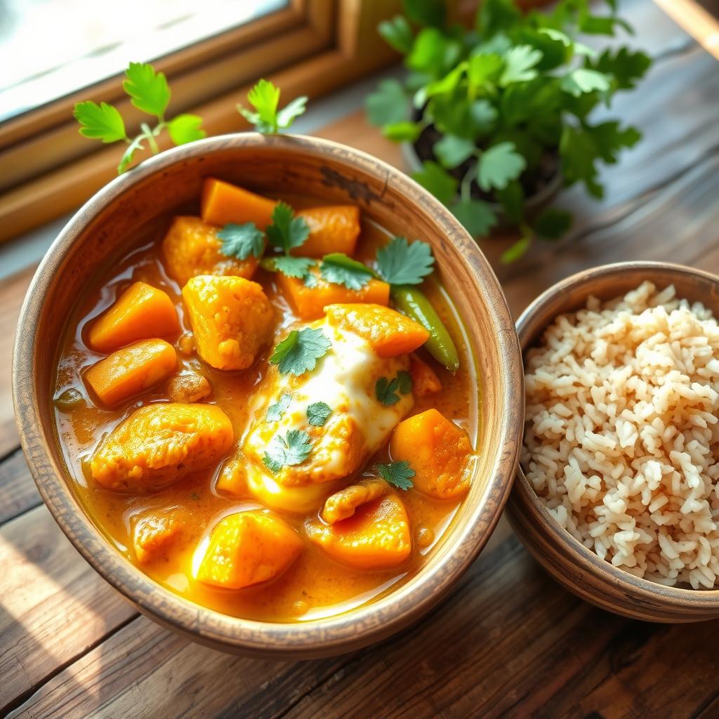 A colorful, vibrant Madagascar vegetable curry served in a traditional wooden bowl, with a variety of vegetables like sweet potatoes, carrots, and green beans simmering in a rich, fragrant coconut milk sauce, garnished with fresh herbs