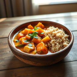 A colorful, vibrant Madagascar vegetable curry served in a traditional wooden bowl, with a variety of vegetables like sweet potatoes, carrots, and green beans simmering in a rich, fragrant coconut milk sauce, garnished with fresh herbs