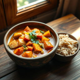 A colorful, vibrant Madagascar vegetable curry served in a traditional wooden bowl, with a variety of vegetables like sweet potatoes, carrots, and green beans simmering in a rich, fragrant coconut milk sauce, garnished with fresh herbs