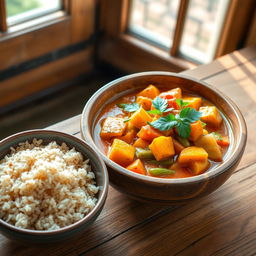 A colorful, vibrant Madagascar vegetable curry served in a traditional wooden bowl, with a variety of vegetables like sweet potatoes, carrots, and green beans simmering in a rich, fragrant coconut milk sauce, garnished with fresh herbs