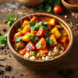 A vibrant and colorful Madagascar-style vegetable curry served in a rustic bowl, featuring a variety of fresh vegetables like bell peppers, zucchini, carrots, and tomatoes, all simmered in a fragrant coconut milk sauce with spices such as turmeric, ginger, and cumin