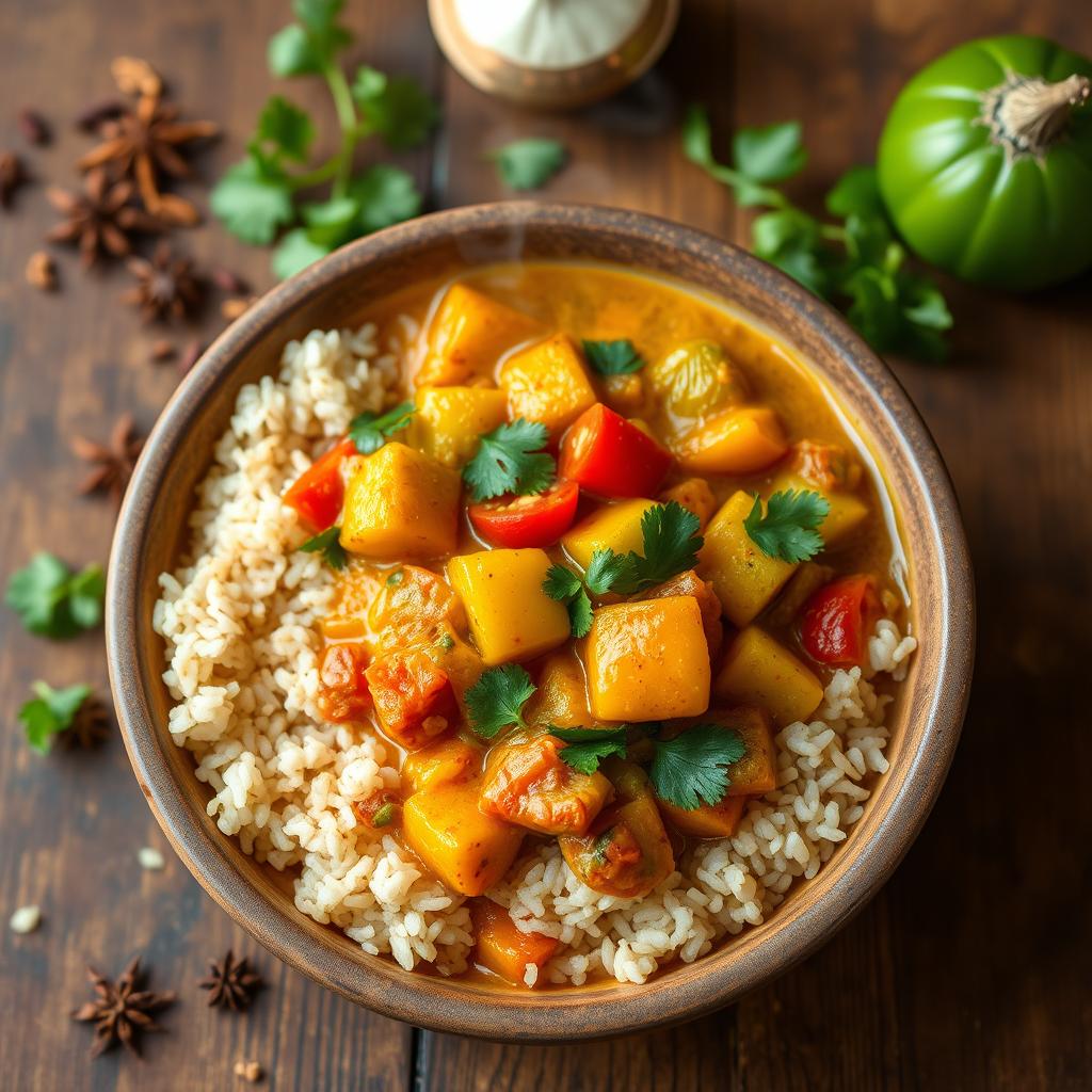 A vibrant and colorful Madagascar-style vegetable curry served in a rustic bowl, featuring a variety of fresh vegetables like bell peppers, zucchini, carrots, and tomatoes, all simmered in a fragrant coconut milk sauce with spices such as turmeric, ginger, and cumin