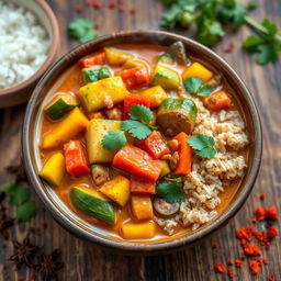 A vibrant and colorful Madagascar-style vegetable curry served in a rustic bowl, featuring a variety of fresh vegetables like bell peppers, zucchini, carrots, and tomatoes, all simmered in a fragrant coconut milk sauce with spices such as turmeric, ginger, and cumin