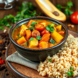 A vibrant and colorful Madagascar-style vegetable curry served in a rustic bowl, featuring a variety of fresh vegetables like bell peppers, zucchini, carrots, and tomatoes, all simmered in a fragrant coconut milk sauce with spices such as turmeric, ginger, and cumin