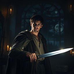 A dramatic scene depicting Laertes, a character from Shakespeare's Hamlet, in a dimly lit chamber preparing for revenge