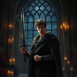 A dramatic scene depicting Laertes, a character from Shakespeare's Hamlet, in a dimly lit chamber preparing for revenge