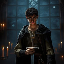 A dramatic scene depicting Laertes, a character from Shakespeare's Hamlet, in a dimly lit chamber preparing for revenge