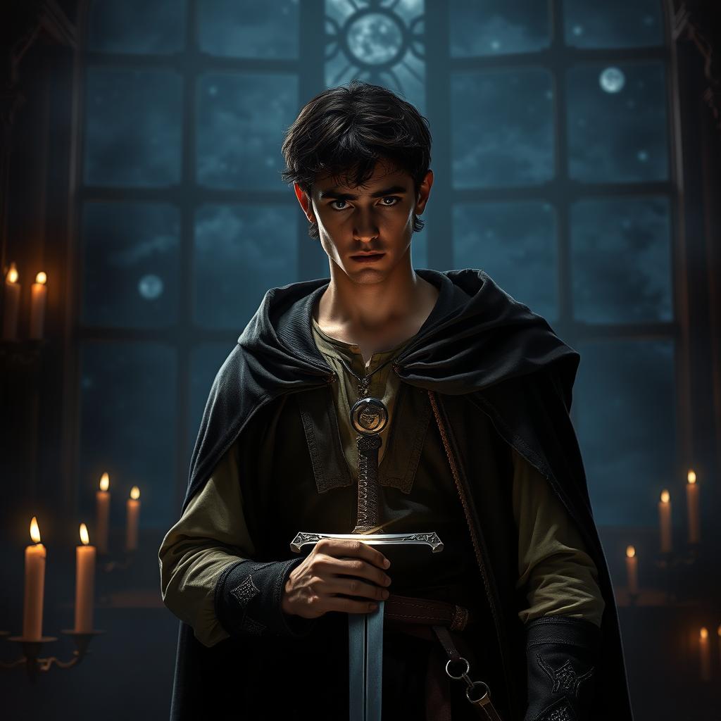 A dramatic scene depicting Laertes, a character from Shakespeare's Hamlet, in a dimly lit chamber preparing for revenge