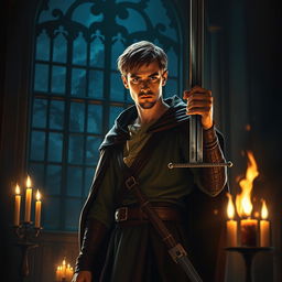 A dramatic scene depicting Laertes, a character from Shakespeare's Hamlet, in a dimly lit chamber preparing for revenge