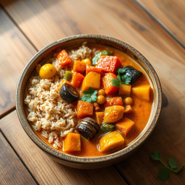 A vibrant and colorful Madagascar vegetable curry served in a rustic bowl, featuring an array of fresh vegetables like bell peppers, okra, carrots, and eggplant all infused with aromatic spices such as curry powder, turmeric, and coconut milk, garnished with fresh cilantro