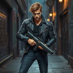 Laertes, a strong and determined young man, is in a modern cityscape, preparing for revenge