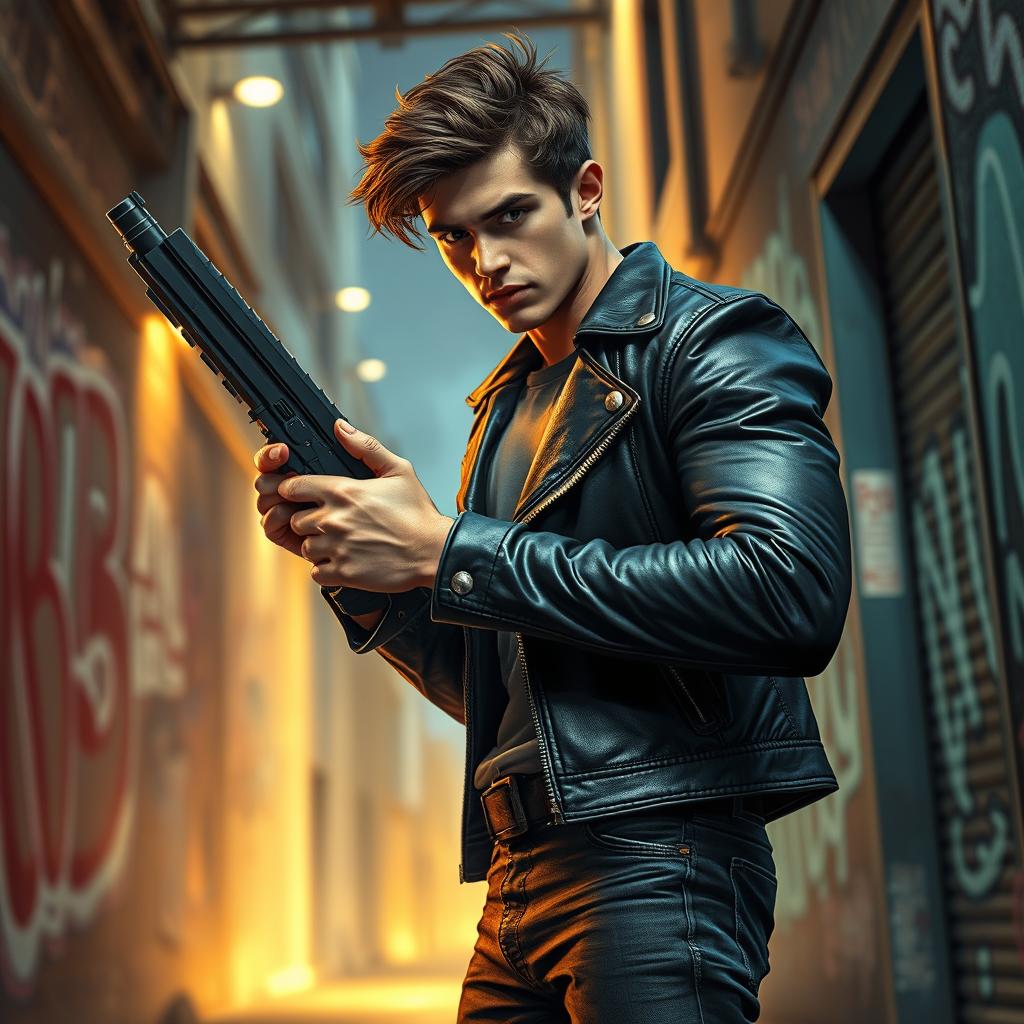 Laertes, a strong and determined young man, is in a modern cityscape, preparing for revenge