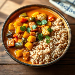 A vibrant and colorful Madagascar vegetable curry served in a rustic bowl, featuring an array of fresh vegetables like bell peppers, okra, carrots, and eggplant all infused with aromatic spices such as curry powder, turmeric, and coconut milk, garnished with fresh cilantro