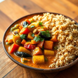 A vibrant and colorful Madagascar vegetable curry served in a rustic bowl, featuring an array of fresh vegetables like bell peppers, okra, carrots, and eggplant all infused with aromatic spices such as curry powder, turmeric, and coconut milk, garnished with fresh cilantro
