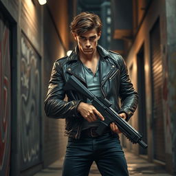 Laertes, a strong and determined young man, is in a modern cityscape, preparing for revenge