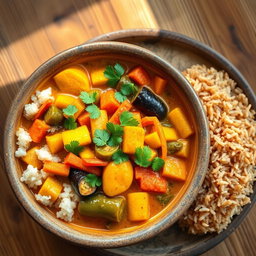 A vibrant and colorful Madagascar vegetable curry served in a rustic bowl, featuring an array of fresh vegetables like bell peppers, okra, carrots, and eggplant all infused with aromatic spices such as curry powder, turmeric, and coconut milk, garnished with fresh cilantro