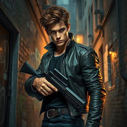 Laertes, a strong and determined young man, is in a modern cityscape, preparing for revenge
