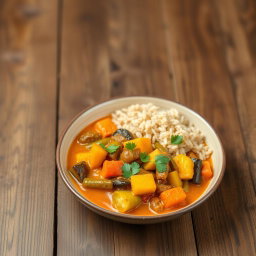 A vibrant and colorful plate of Madagascar vegetable curry served with fluffy brown rice