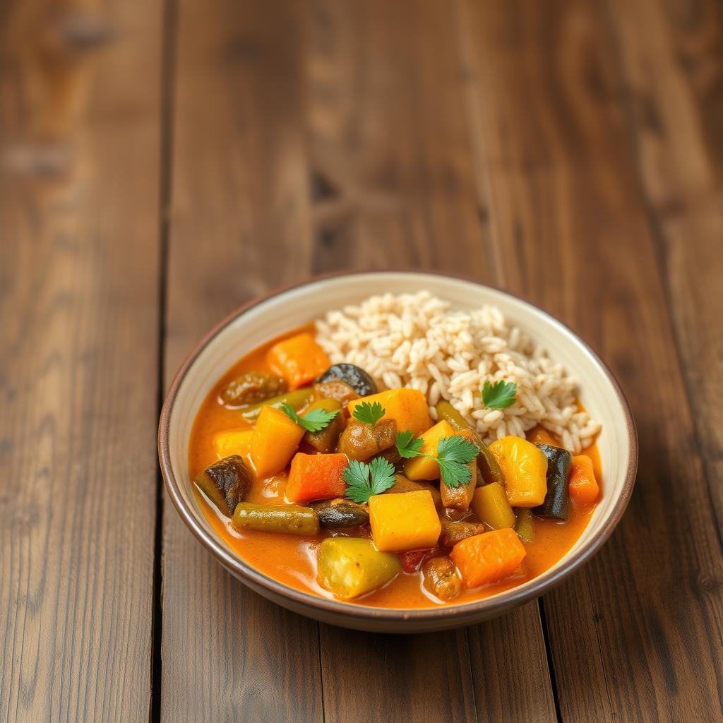 A vibrant and colorful plate of Madagascar vegetable curry served with fluffy brown rice