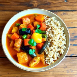 A vibrant and colorful plate of Madagascar vegetable curry served with fluffy brown rice