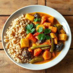 A vibrant and colorful plate of Madagascar vegetable curry served with fluffy brown rice