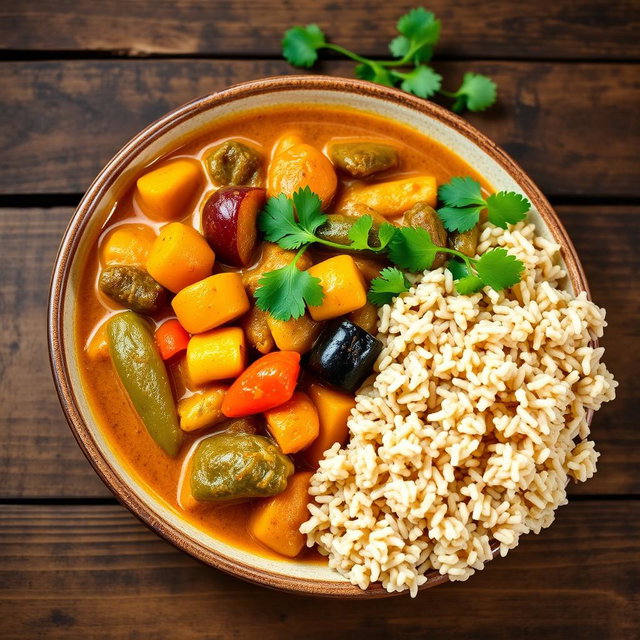 A vibrant and colorful plate of Madagascar vegetable curry served with fluffy brown rice