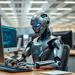 A futuristic robot working diligently on a computer in a modern office environment