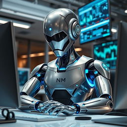 A futuristic robot working diligently on a computer in a modern office environment