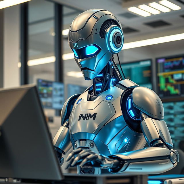 A futuristic robot working diligently on a computer in a modern office environment