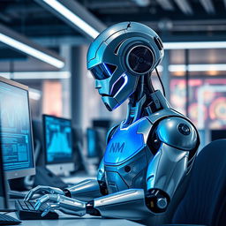 A futuristic robot working diligently on a computer in a modern office environment