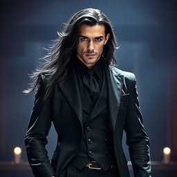 A modern interpretation of Laertes from Shakespeare's Hamlet, depicted as a striking character with long, dark hair, dressed in a sleek, loyal costume that fuses classic elements with contemporary flair