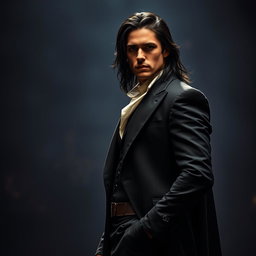 A modern interpretation of Laertes from Shakespeare's Hamlet, depicted as a striking character with long, dark hair, dressed in a sleek, loyal costume that fuses classic elements with contemporary flair