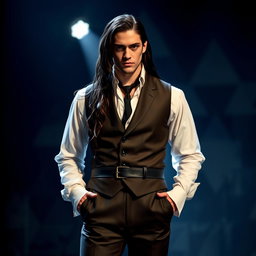 A modern interpretation of Laertes from Shakespeare's Hamlet, depicted as a striking character with long, dark hair, dressed in a sleek, loyal costume that fuses classic elements with contemporary flair