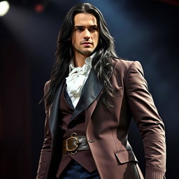 A modern interpretation of Laertes from Shakespeare's Hamlet, depicted as a striking character with long, dark hair, dressed in a sleek, loyal costume that fuses classic elements with contemporary flair