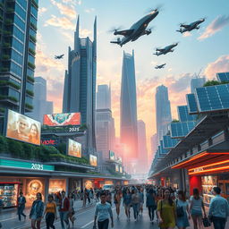 A futuristic cityscape in the year 2025, showcasing advanced architecture with soaring skyscrapers, green spaces integrated into buildings, and autonomous flying vehicles in the sky