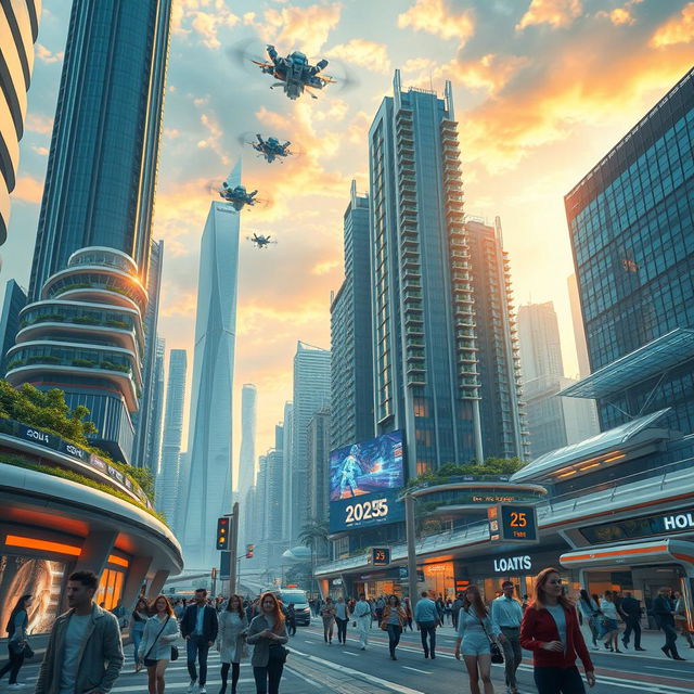A futuristic cityscape in the year 2025, showcasing advanced architecture with soaring skyscrapers, green spaces integrated into buildings, and autonomous flying vehicles in the sky