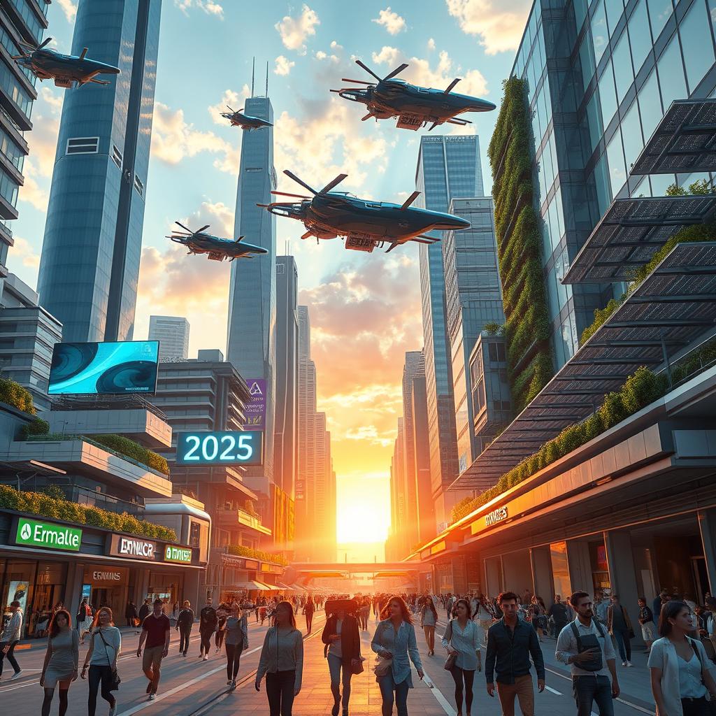 A futuristic cityscape in the year 2025, showcasing advanced architecture with soaring skyscrapers, green spaces integrated into buildings, and autonomous flying vehicles in the sky