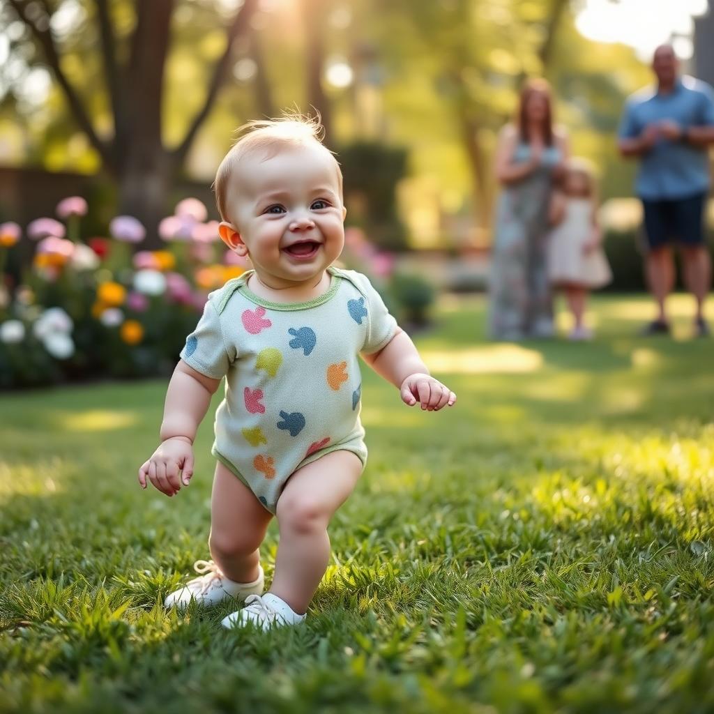 A cute baby taking its first steps on a soft grassy lawn, giggling joyfully, with sunlight filtering through the trees, creating a warm and inviting atmosphere