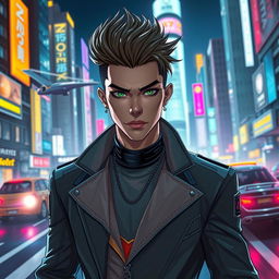 A futuristic interpretation of a character named Layertes in the year 2025, featuring sleek attire with high-tech elements, a confident and charismatic demeanor, and unique facial features that reflect a blend of modern and sci-fi aesthetics
