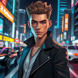 A futuristic interpretation of a character named Layertes in the year 2025, featuring sleek attire with high-tech elements, a confident and charismatic demeanor, and unique facial features that reflect a blend of modern and sci-fi aesthetics