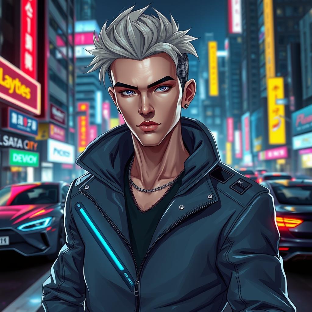 A futuristic interpretation of a character named Layertes in the year 2025, featuring sleek attire with high-tech elements, a confident and charismatic demeanor, and unique facial features that reflect a blend of modern and sci-fi aesthetics